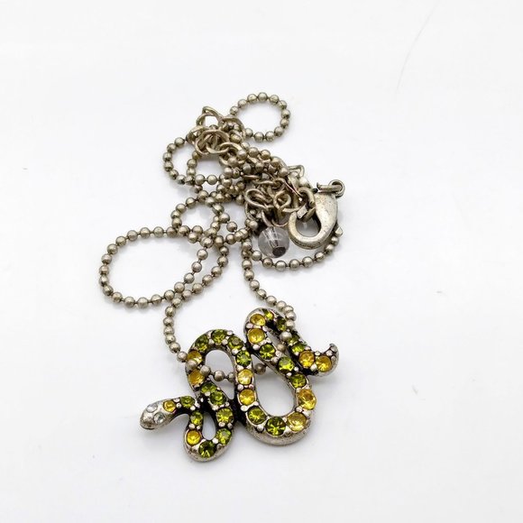 Vintage Pave Crystal Coiled Snake Pendant Necklace, Yellow and Green on Silver T - Picture 2 of 5